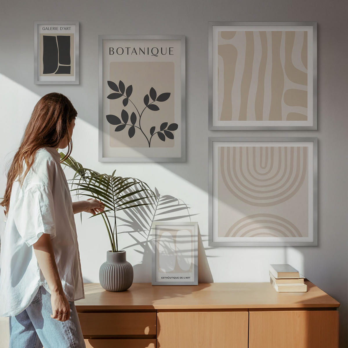 BILDER SET 5er Set - 50x50 cm & 20x30 cm & 40x60 cm Silberner Rahmen - Boho-Pflanzenposter - Silberfarben, Kunststoff (40/60cm) - TULUP