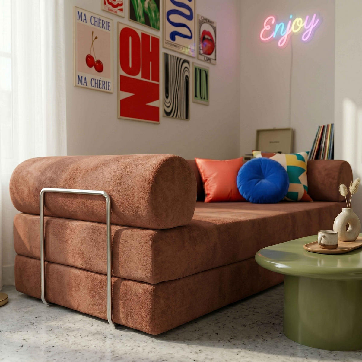 SCHLAFSOFA mit 2 Sitzplätzen, Braun - Rot, Textil (204/67/102cm) - Oviala