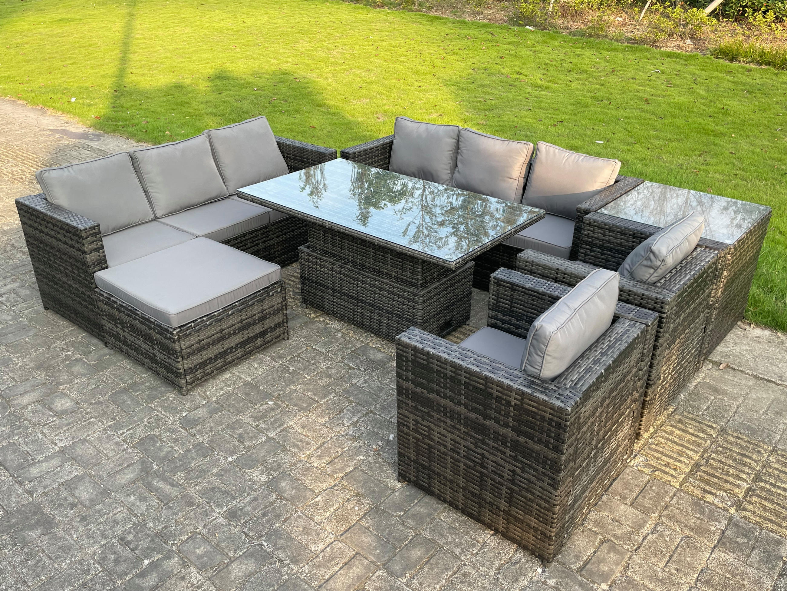 GARTENMÖBEL SET Polyrattan 9-Sitzer - Dunkelgrau/Grau, Glas/Kunststoff - Fimous