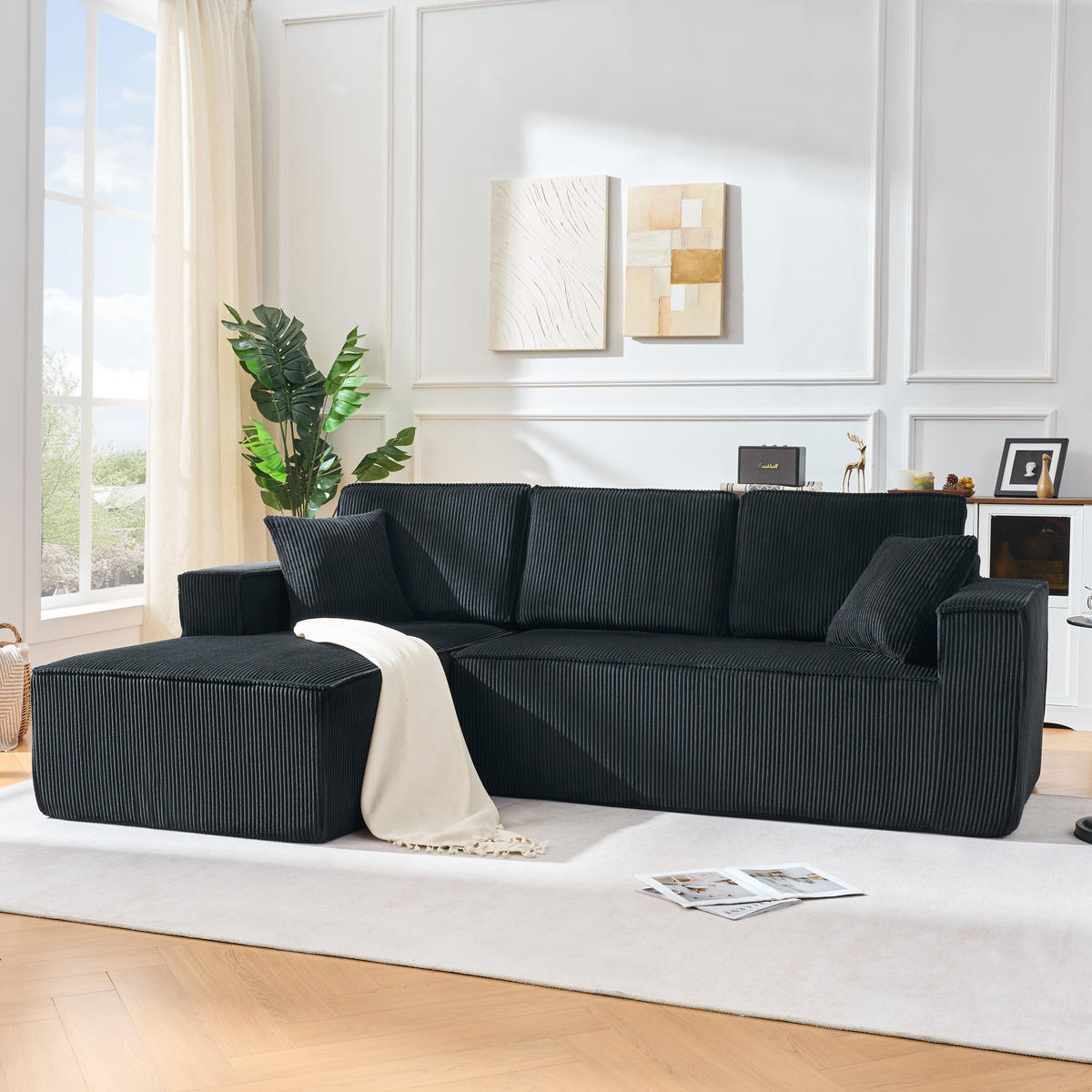 ECKSOFA 235/128/80 cm Schwarz Cord mit Linke Chaiselongue - Schwarz, Textil (235/128cm) - Oxeza