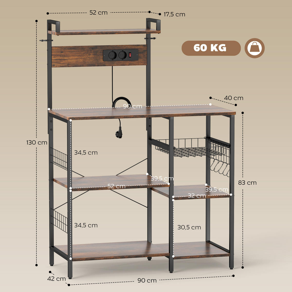 KÜCHENREGAL Standregal mit 2 Steckdosen 5 S-Haken 5 Ablagen Bäckerregal - Braun, Holzwerkstoff (42/130/90cm) - HOMCOM
