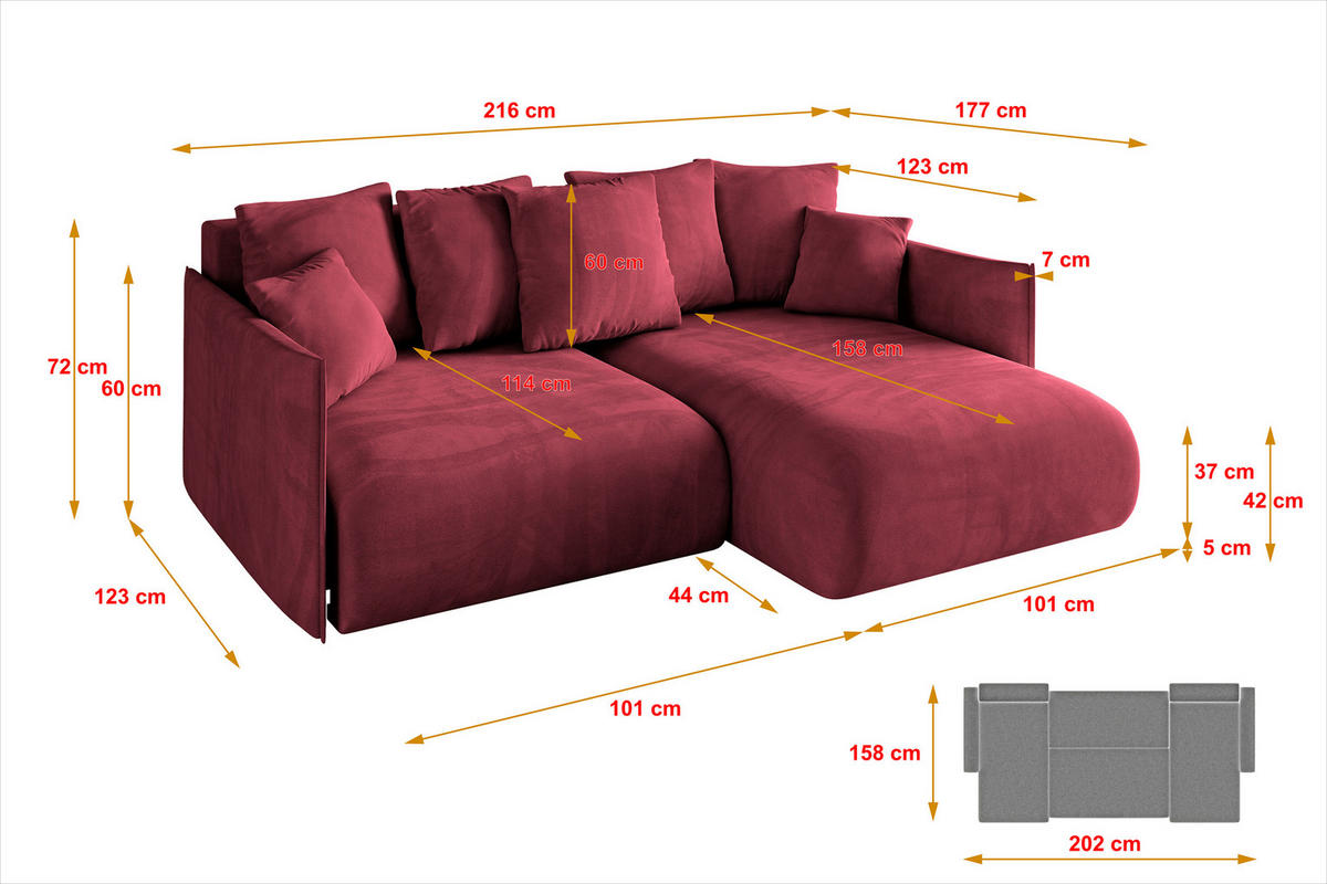 ECKSOFA Ottomane rechts ONESK-L 216x177x72 Bordeauxrot Velours - Bordeaux, Holzwerkstoff/Kunststoff (177/216cm) - ALTDECOR