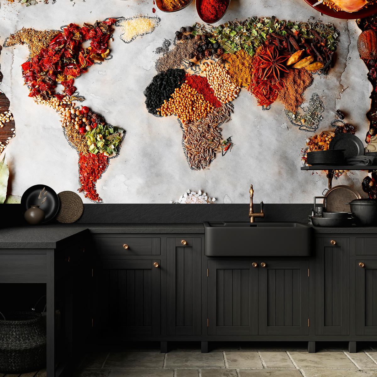 FOTOTAPETE für Küche Gewürz-Weltkarte Kulinarisch Kunst 350x256 - Beige/Gelb, Papier (350/256cm) - Muralo