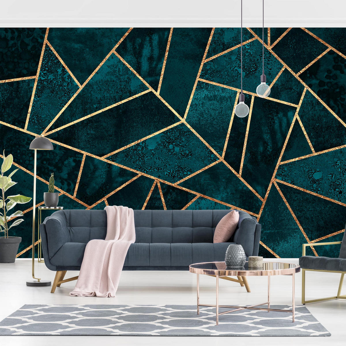 FOTOTAPETE Dunkles Türkis mit Gold 384/255 cm - Türkis, Papier (384/255cm) - Bilderwelten