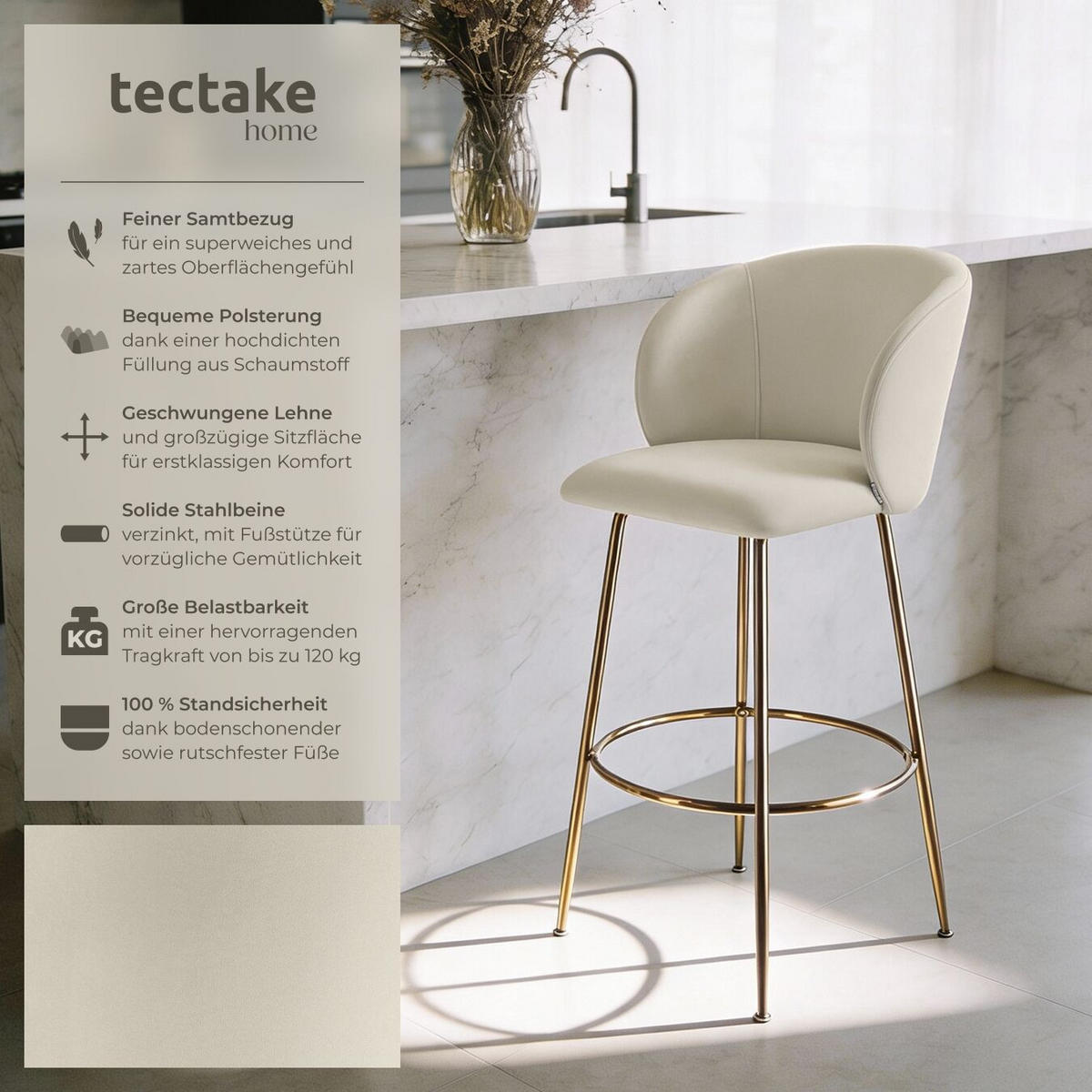 BARSTUHL Luana, 51 x 60 x 106 cm, Belastbarkeit 120 kg, creme/gold - Goldfarben/Creme, Kunststoff/Textil (51/106/60cm) - tectake