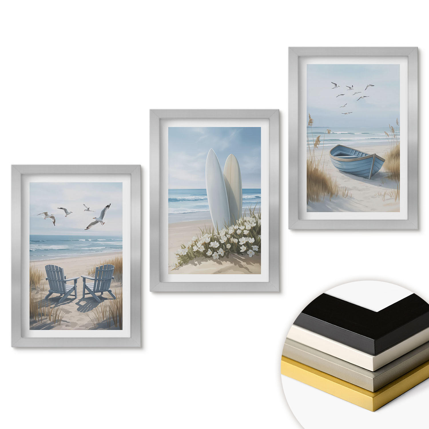 WANDBILDER 3er Set - 20x30 cm Silberner Rahmen - Strand Surfbretter Vögel - Silberfarben, Kunststoff (20/30cm) - ArtPrintCave