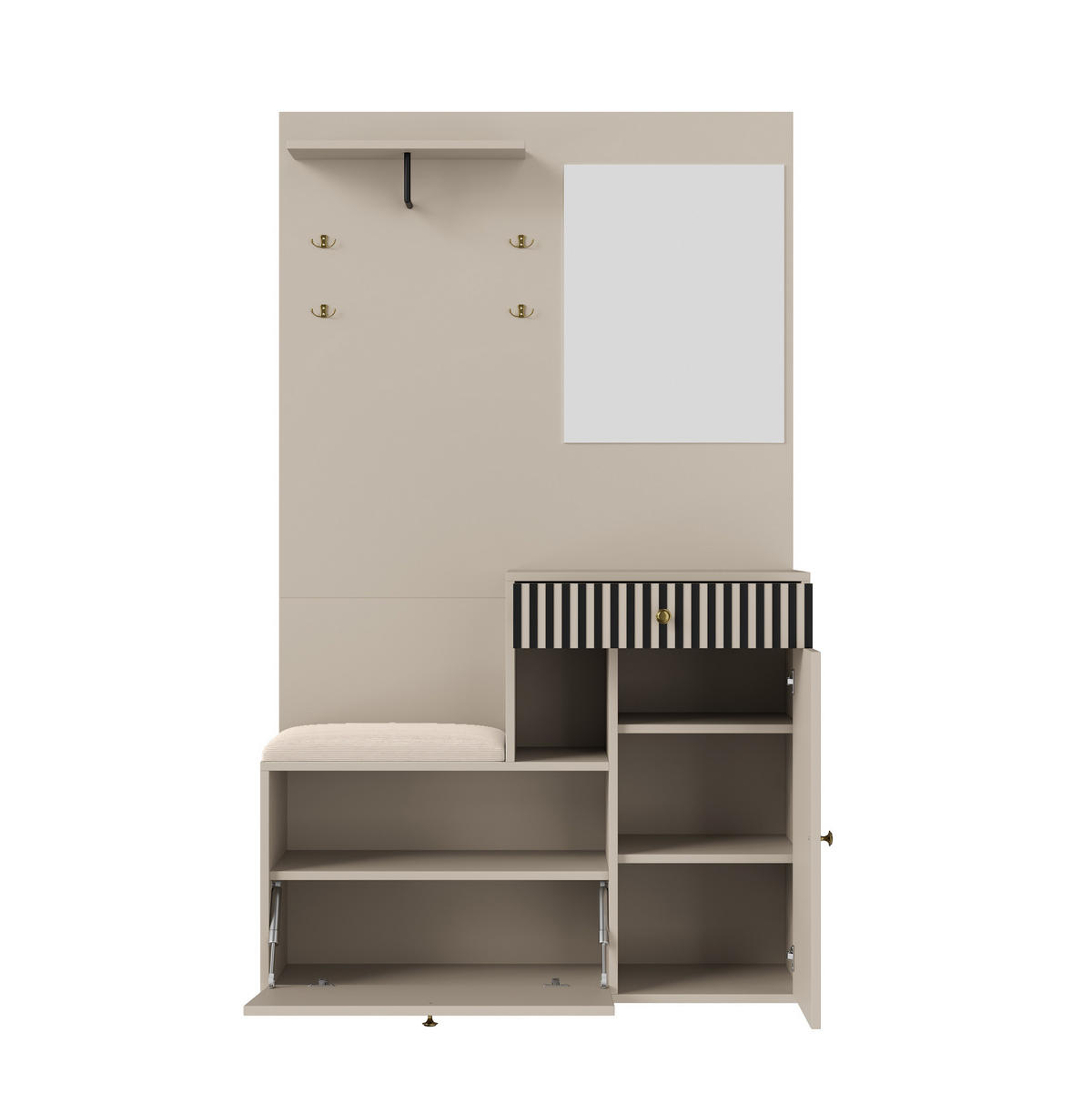 GARDEROBENSET 110/37/185,5 cm aus MDF mit Spiegel und gepolsterter Sitzfläche Beige/Creme - Beige, Holzwerkstoff (110/185.5/37cm) - Modenvie