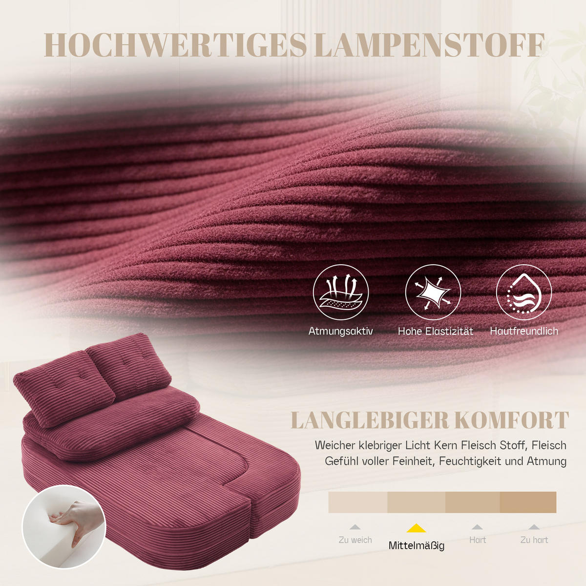 SOFA mit Liegefunktion und Getränkehaltern aus Cord in Weinrot - Weinrot, Textil (165/61/97cm) - EVRYAE
