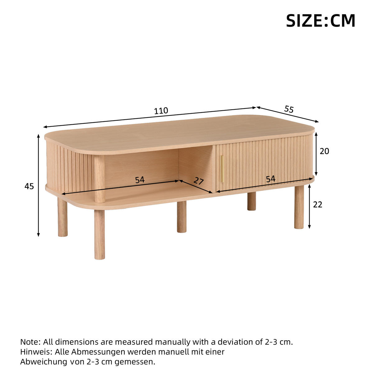 COUCHTISCH in Naturfarben mit Rolltor und offenen Fächern für Wohnzimmer, B110/T55/H45 cm - Naturfarben, Holzwerkstoff (55/110/45cm) - STILVORA