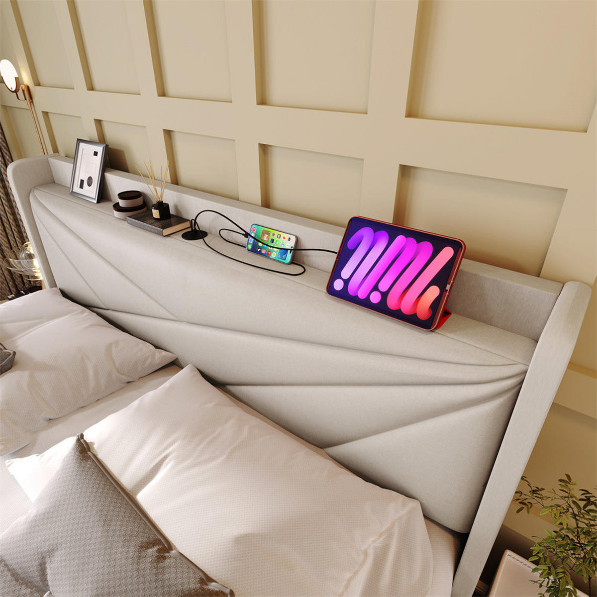 POLSTERBETT 160/200cm in Beige Leinen mit USB Typ C Ladefunktion Kopfteil - Beige, Holz/Textil (160/200cm) - KOMHTOM