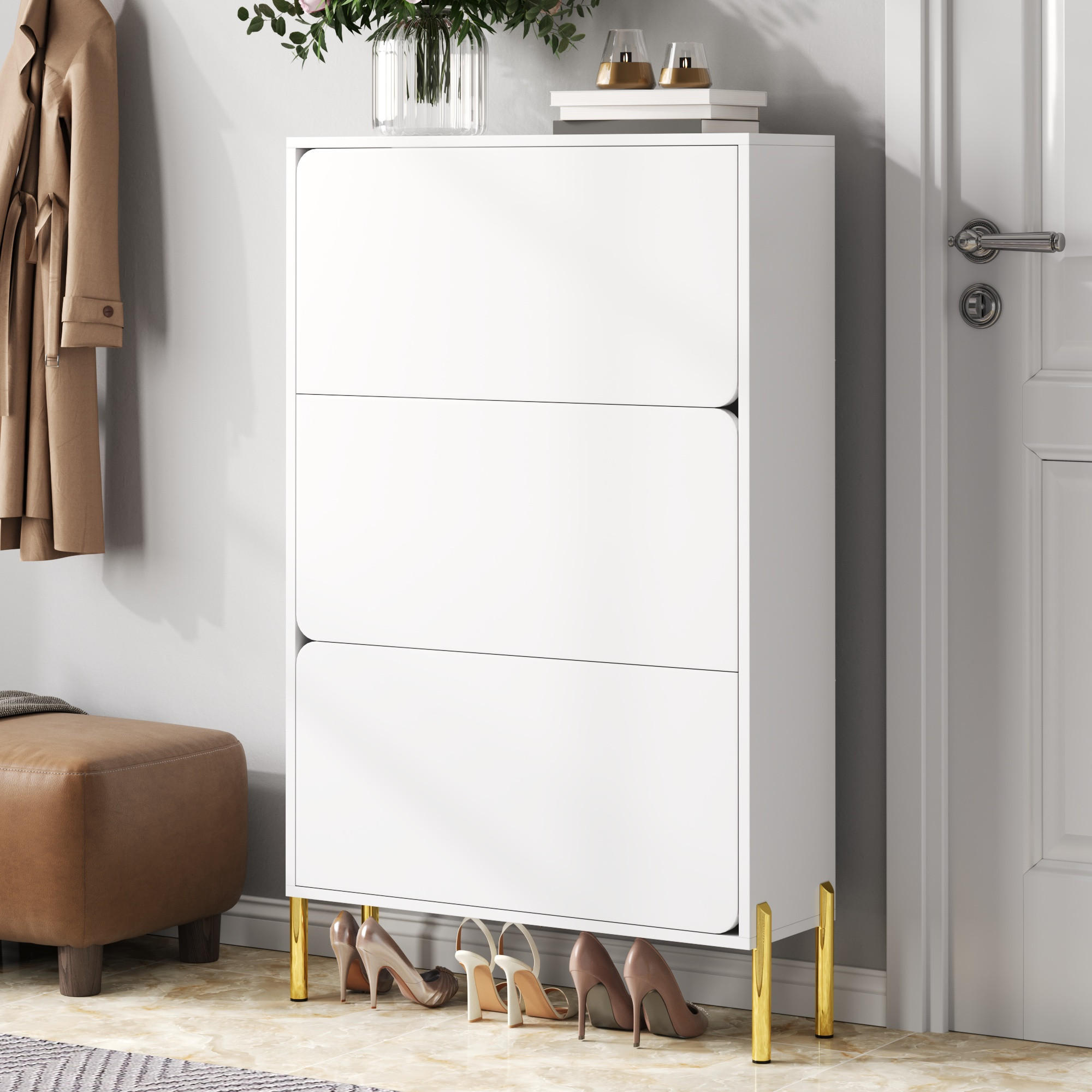 SCHUHSCHRANK 3 Türen groß Stauraum Goldfüße - Weiß, Holz (73/120/24cm) - LEBENLANG