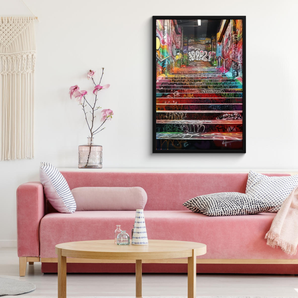 POSTER MIT RAHMEN Treppe - Graffiti - Farben - Kunst 60x90 cm - Multicolor, Papier (60/90cm) - MuchoWow
