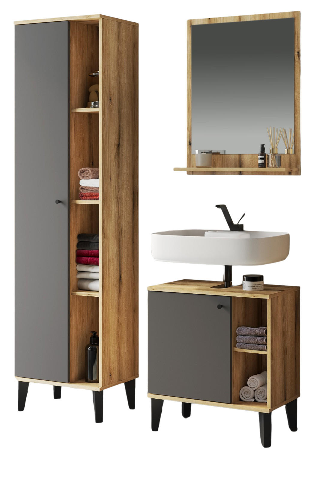 BADMÖBEL-SET 3-teilig grau, Evoke Eiche, Badkombination, 121 x 190 cm - Eichefarben/Grau, Glas/Holzwerkstoff (121/190/33cm) - Furn.Design