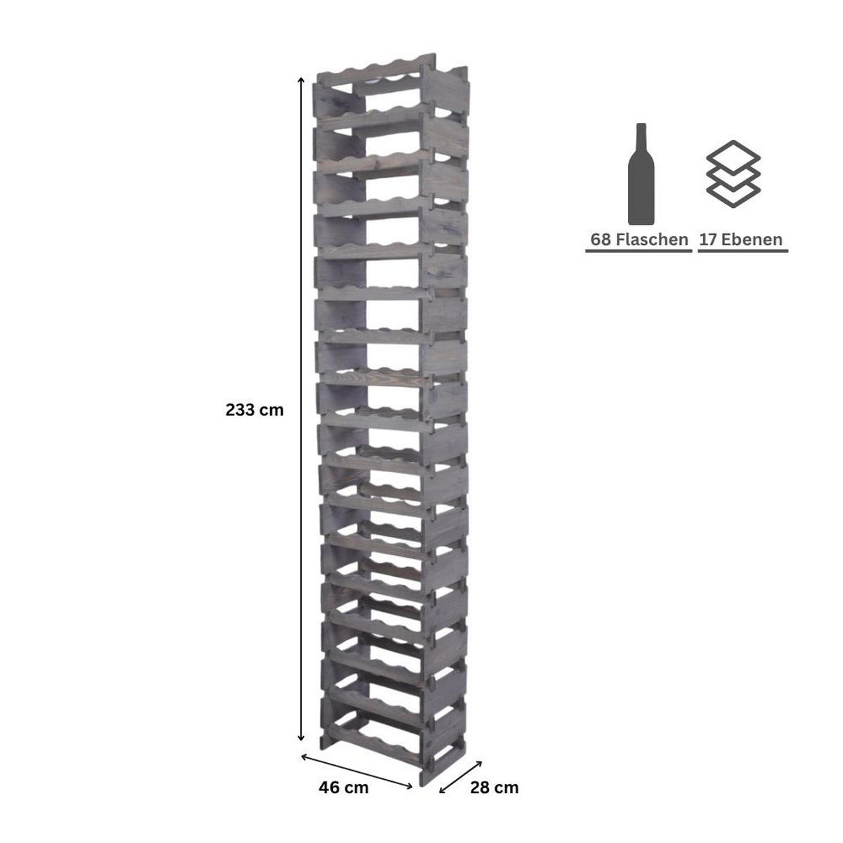 WEINREGAL VINOTECA FLEX PRO HxBxT 233x46x28cm 68 Flaschen auf 17 Ebenen Grau - Grau, Holz (46/233/28cm) - PROREGAL