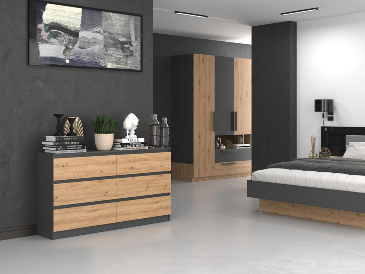 KOMMODE anthrazit / artisan 140/75/40 cm - Anthrazit/Eiche Artisan, Holz (140/75/40cm) - Home Collective