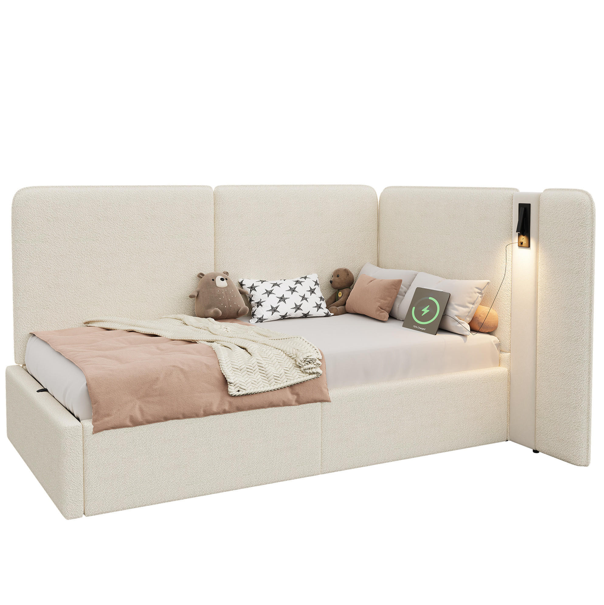 KINDERBETT Polsterbett 90/200 cm aus Bouclé mit hydraulischem Stauraum, USB-C-Anschluss und Leselampe Beige - Beige, Textil (90/200cm) - Modenvie