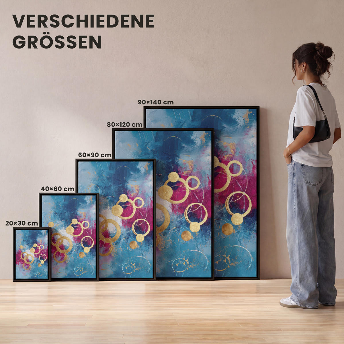 LEINWAND Bilder mit Rahmen - Kreise - Gold - Abstrakt - 80x120 - Blau, Textil (80/120cm) - MuchoWow