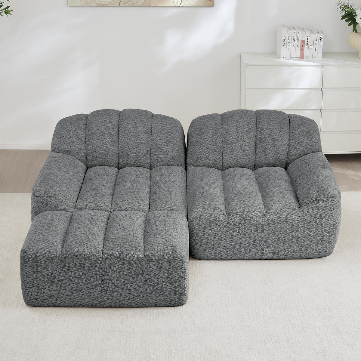 L-FÖRMIGES ECKSOFA Grau 2-Sitzer Modular Cordstoff Deep-Seat mit Hocker Ohne Montage - Grau, Textil (210/165cm) - PANGIVO