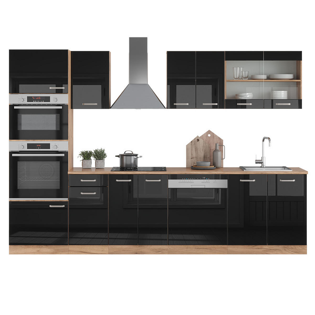 KÜCHENZEILE R-Line Schwarz Hochglanz/Goldkraft Eiche 300 cm AP Marmor - Honigeiche/Schwarz Hochglanz, Holzwerkstoff (300/81.6/60cm) - Vicco