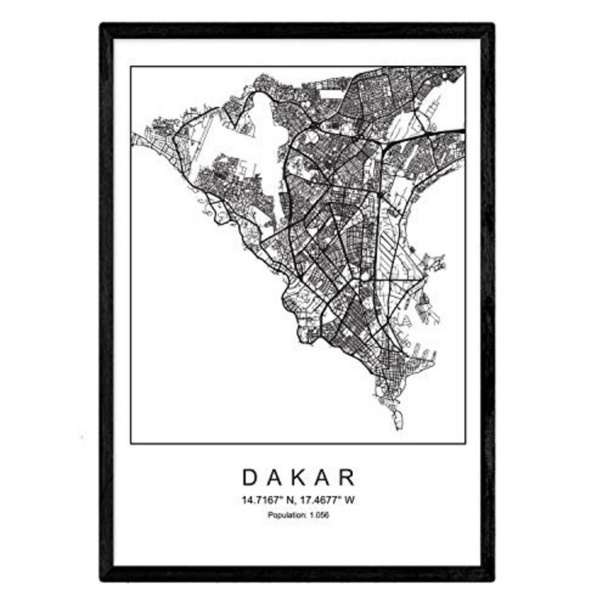 POSTER Dakar Stadtkarte – Nordisch A3 Schwarzer Rahmen - Schwarz, Papier (29.7/5/42cm) - Nacnic