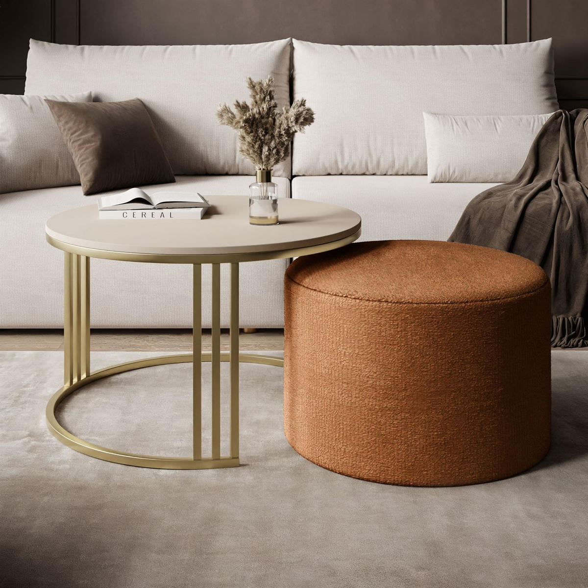 COUCHTISCH mit Hocker LORI MAT gebürstetes Gold/Kaschmir matt/Perfect Harmony 52 - Kaschmir, Metall (70/70/49cm) - Lookway