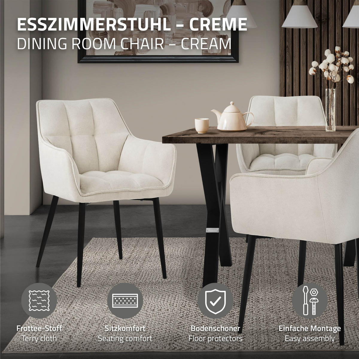 JÍDELNÍŽIDLA, SADA 4 KS, krémová froté látka - černá/krémová, kov/textil (63/90/57cm) - ML-DESIGN