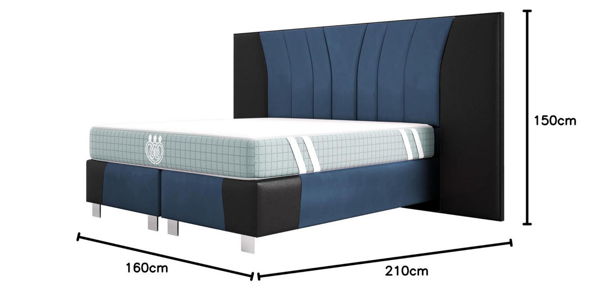 BOXSPRINGBETT IMPERIAL 140x200 cm, Aus Leder und Velvet Bezug, Schwarz Leder + Meerblau Velvet - Dunkelblau, Leder/Holz (140/200cm) - Trada