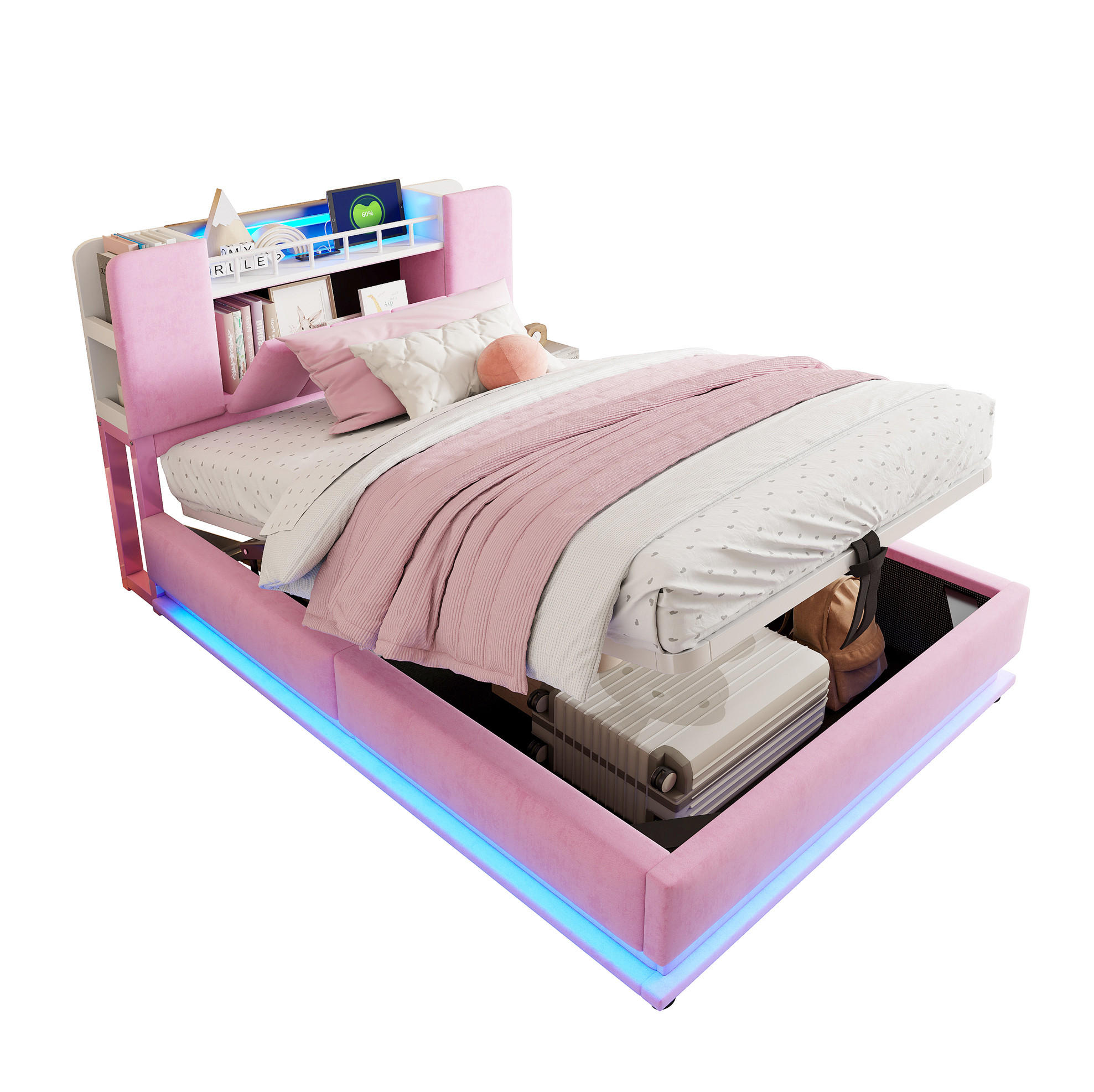 KINDERBETT Polsterbett 90/200 cm aus Samt mit LED-Beleuchtung und Stauraum Rosa - Rosa, Textil (90/200cm) - Modenvie