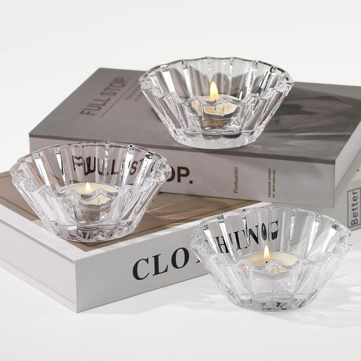 TEELICHTHALTER Glas 3er Set Wellenmuster - Transparent, Glas (4.5cm)