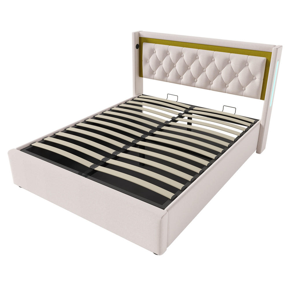 PAT TAPITAT 140/200 cm in Bej cu Cap de Pat cu Functie de Incarcare USB Tip C