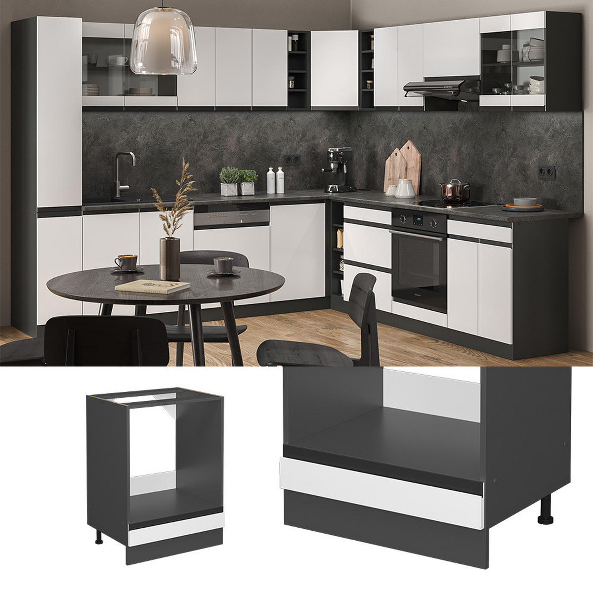 HERDUMBAUSCHRANK R-Line Weiß 60 cm AP Marmor - Anthrazit/Weiß, Holzwerkstoff (60/81.6/60cm) - Vicco