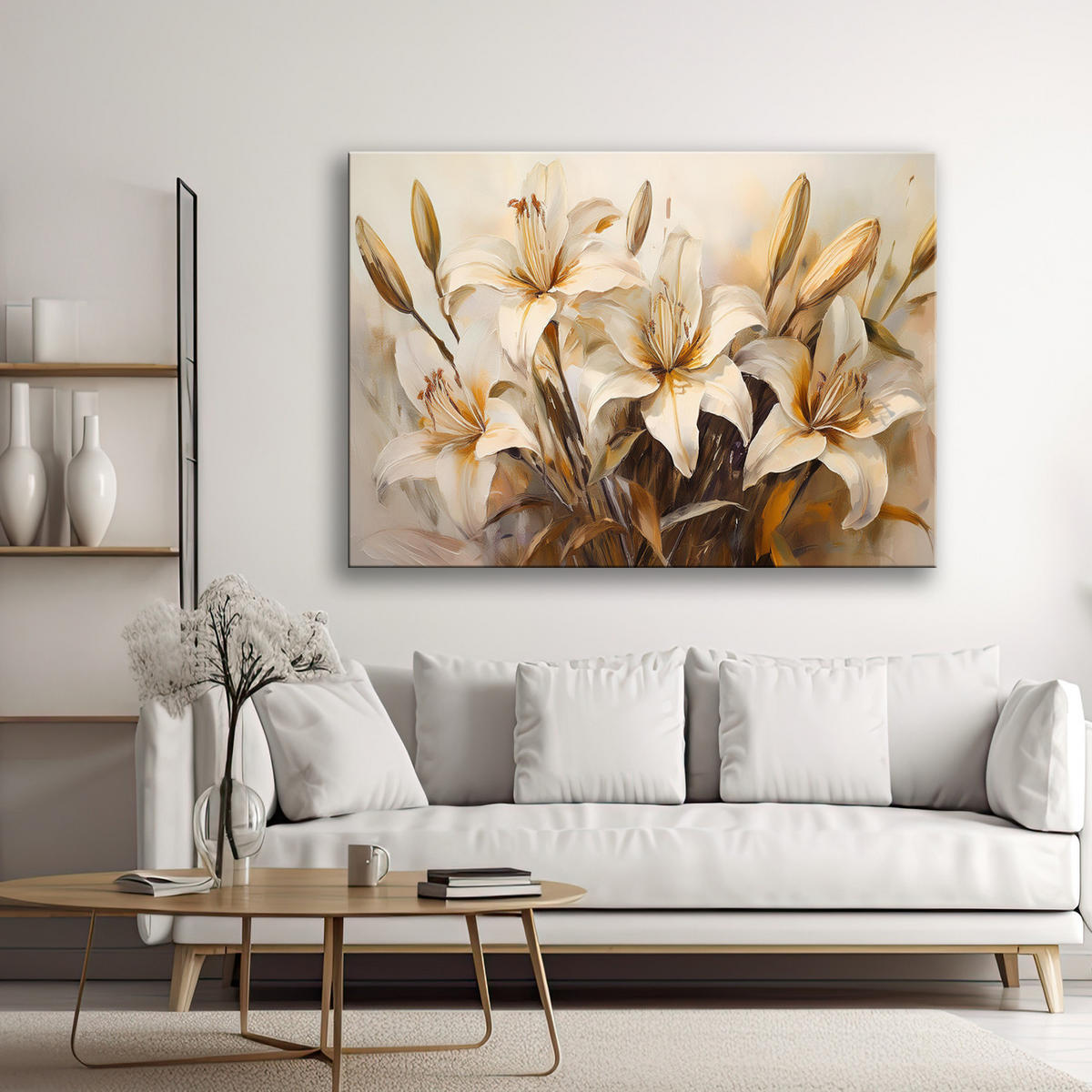 WANDBILD lilienblüten in beige im boho stil - Beige, Textil (60/40cm) - Feeby