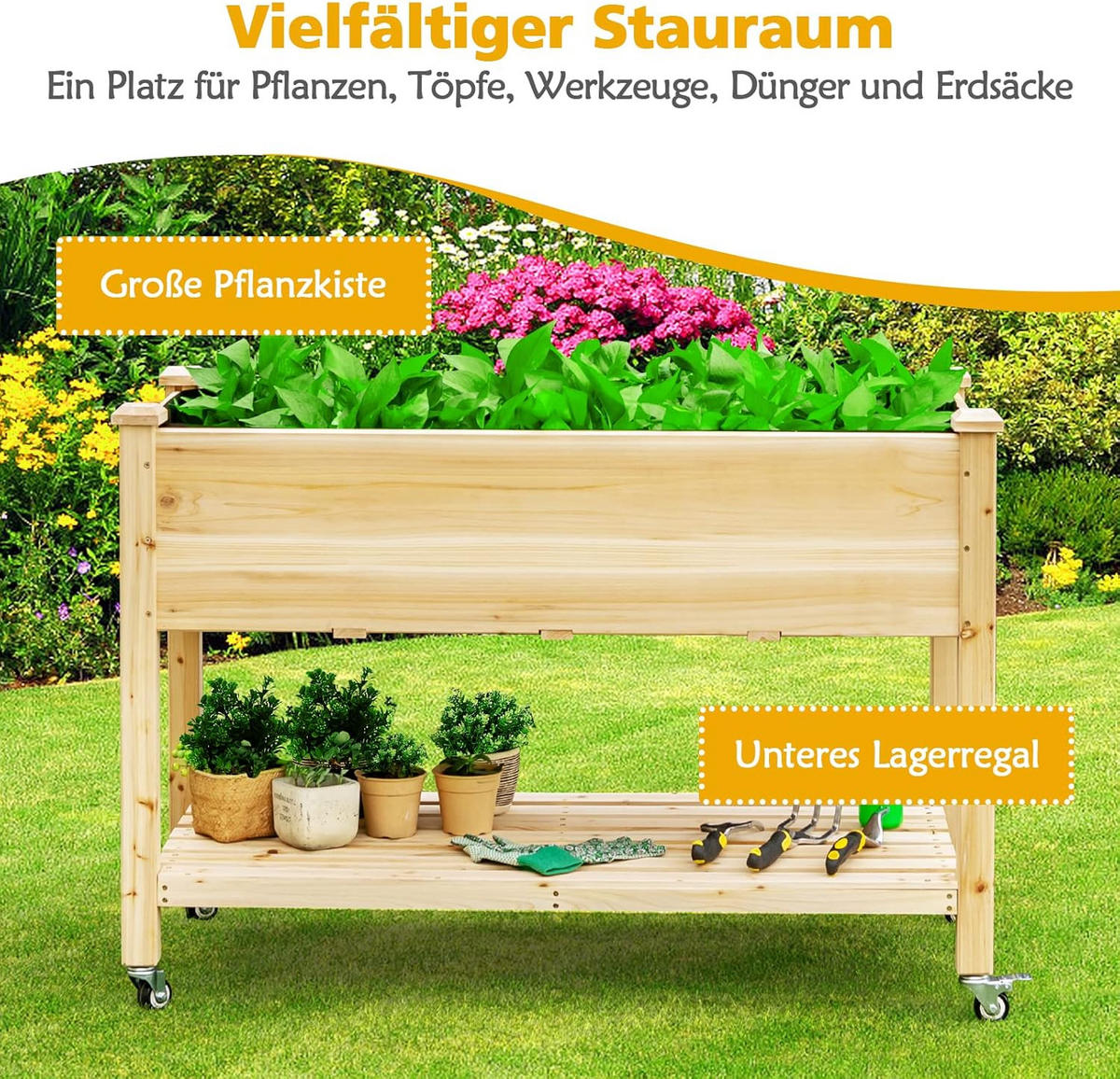 HOCHBEET groß mit Ablage Holz - Apfelbaumfarben, Holz (59/84/120cm) - COSTWAY