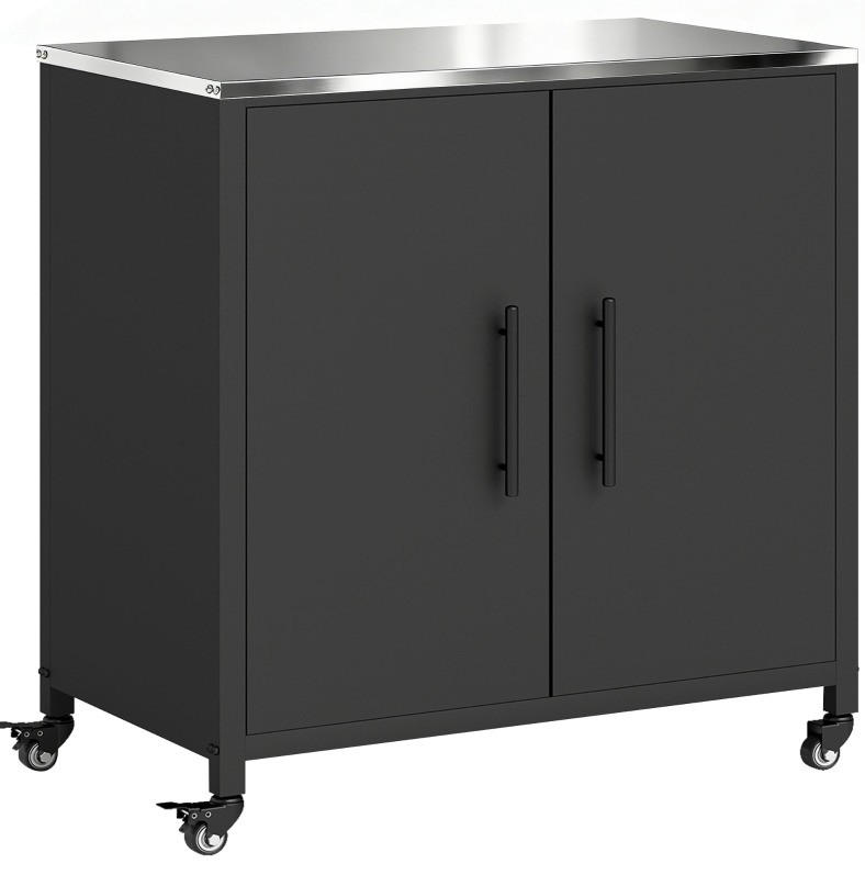 GARTENSCHRANK mit Pflanztisch, herausnehmbarem Einlegeboden, Edelstahl-Arbeitsplatte und Rollen, Schwarz - Schwarz, Metall (50/90/80cm) - Redom