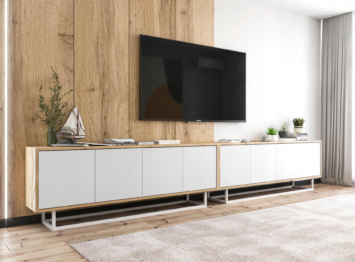 TV-SCHRANK 2-er Set Apollo2 Eiche wotan Weiß Matt 150 cm - Weiß, Holzwerkstoff/Metall (300/53/35cm) - Meble Lindner