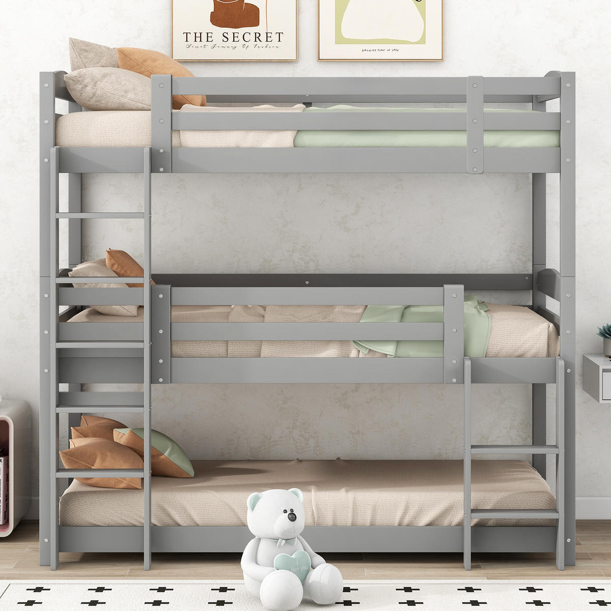 ETAGENBETT 90x200cm Grau Dreier-Etagenbett Holz Kinderbett - Grau, Holz (90/200cm) - FLIEKS