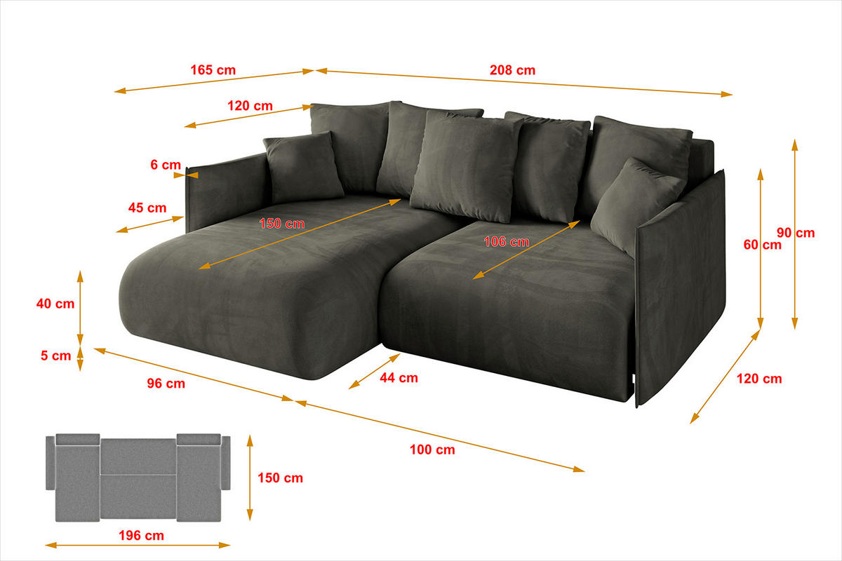 ECKSOFA mit Schlaffunktion und Bettkasten ONESK-L 208x165x40 Schwarz Velours - Schwarz, Holzwerkstoff/Kunststoff (208/165cm) - ALTDECOR