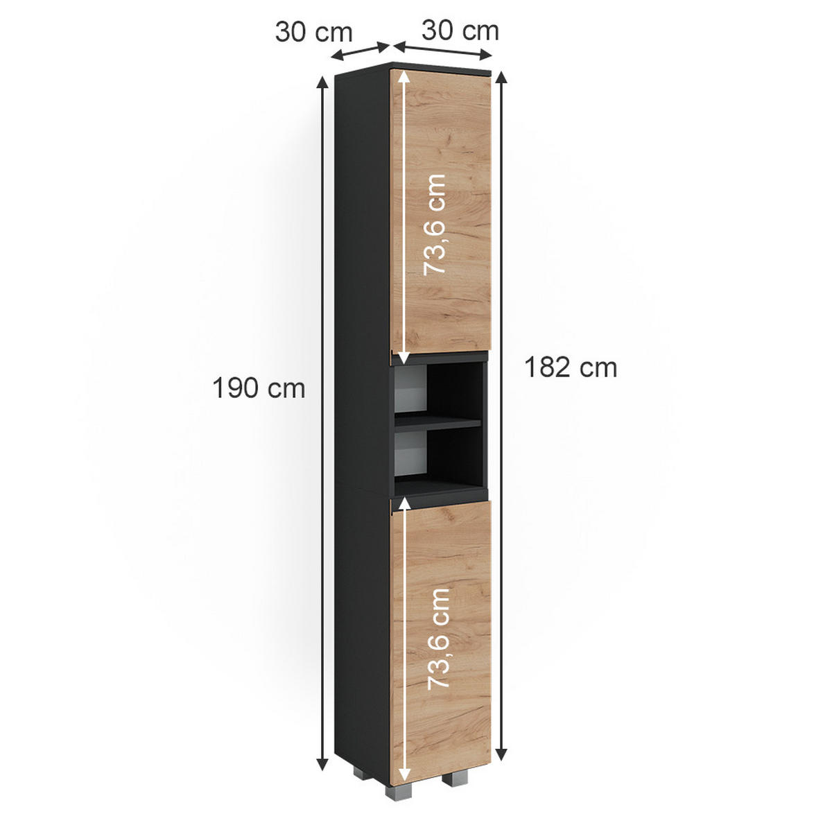 BADSCHRANK J-Shape Grau 30 x 190 cm - Eichefarben/Grau, Holzwerkstoff (30/190/30cm) - Vicco