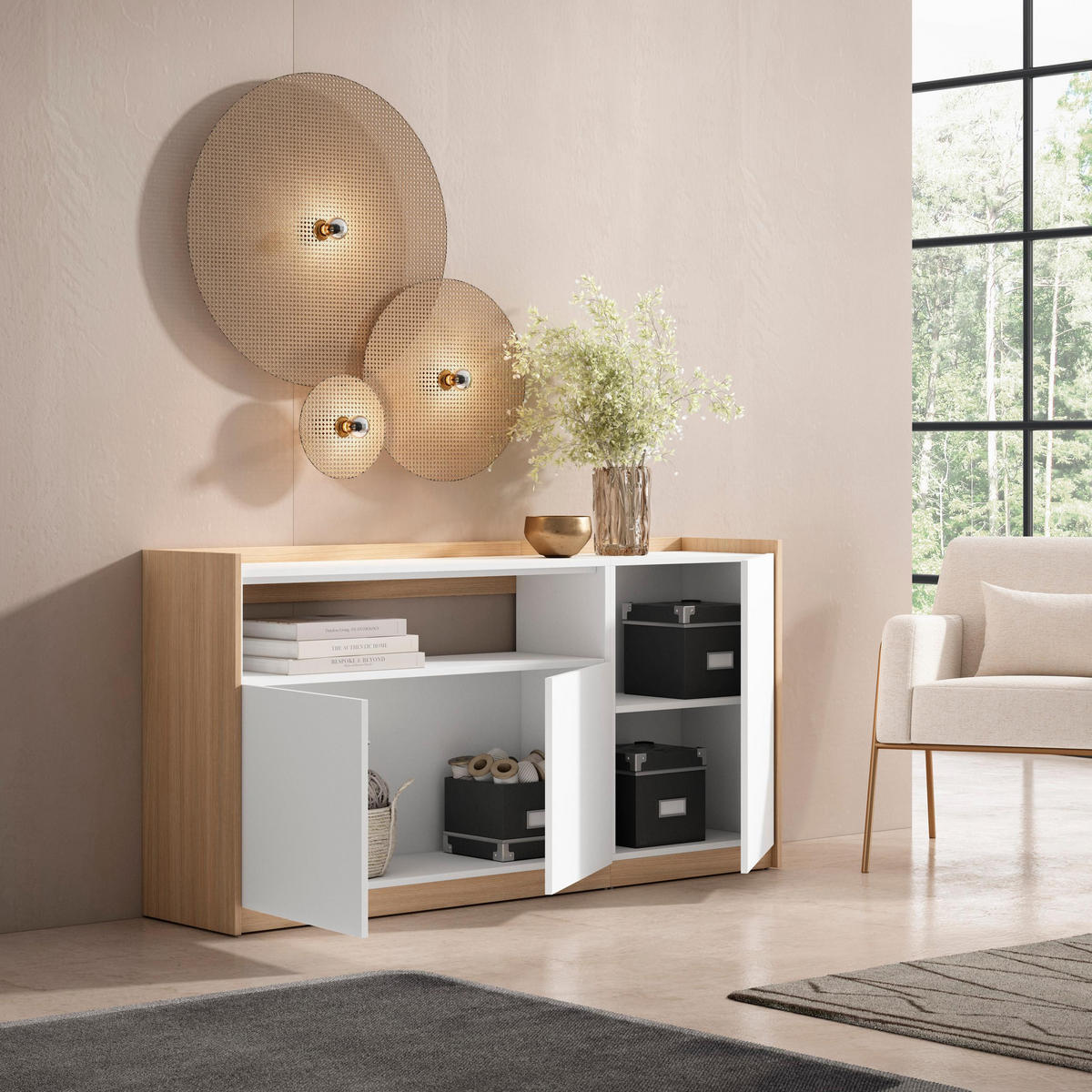 SIDEBOARD, Highboard, Weiß und Eiche Soft, 156/37/80cm - Weiß, Holzwerkstoff (156/80/37cm) - Skraut Home