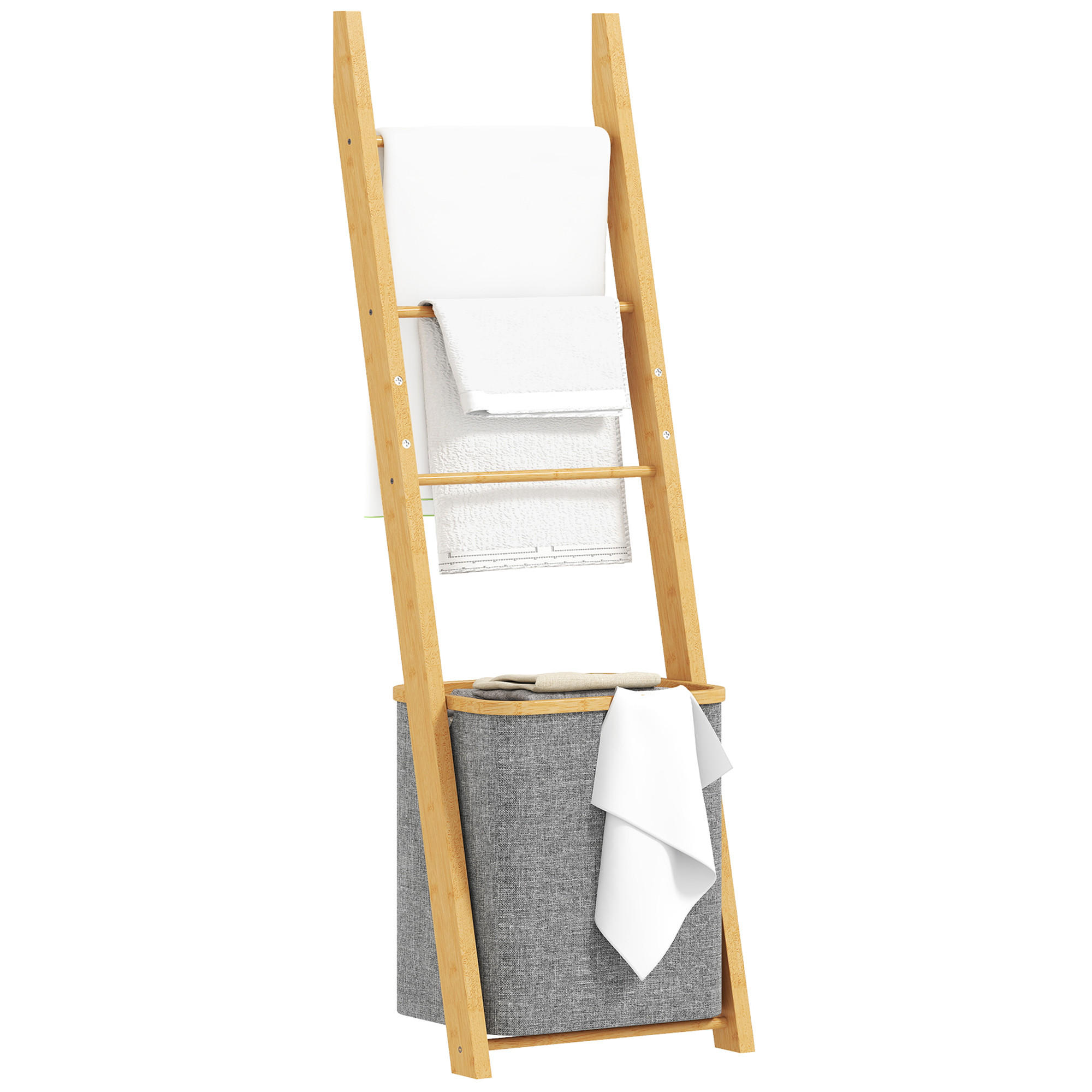 HANDTUCHLEITER DE-17344 mit Wäschekorb (48 l) & 3 Stangen Grau - Grau, Naturmaterialien (43/133/35cm) - ComfortXL