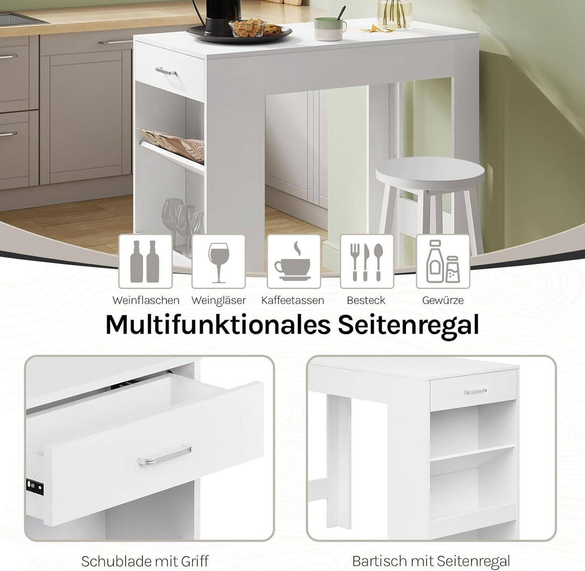 BARTISCH, Küchentisch mit Weinregal,100 x 50 x 100 cm - Weiß, Holzwerkstoff (50/100/100cm) - Woltu