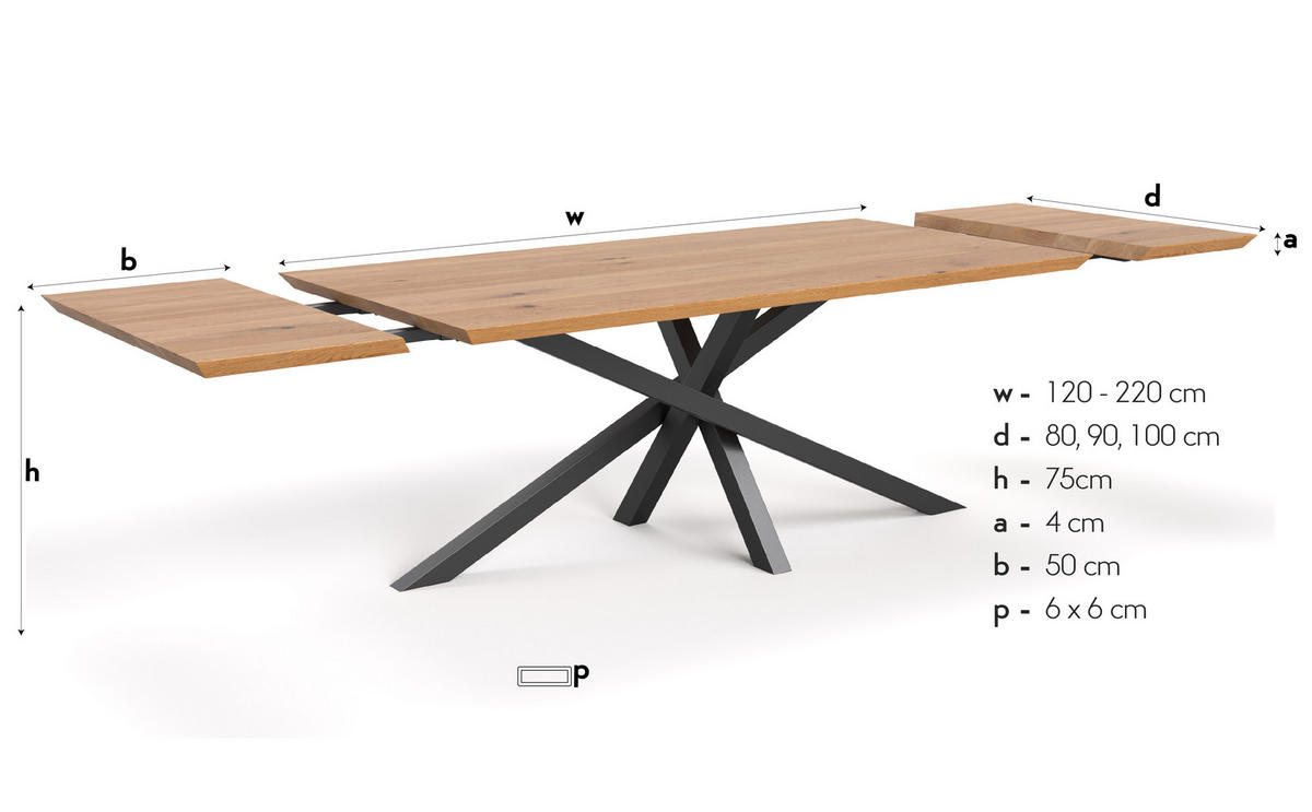 TISCH Ausziehbar Slant aus massivem Eichenholz 160x80 cm + Tischverlängerungen 2x50 cm - Eichefarben/Schwarz, Holz/Metall (160/80/75cm) - Danzz