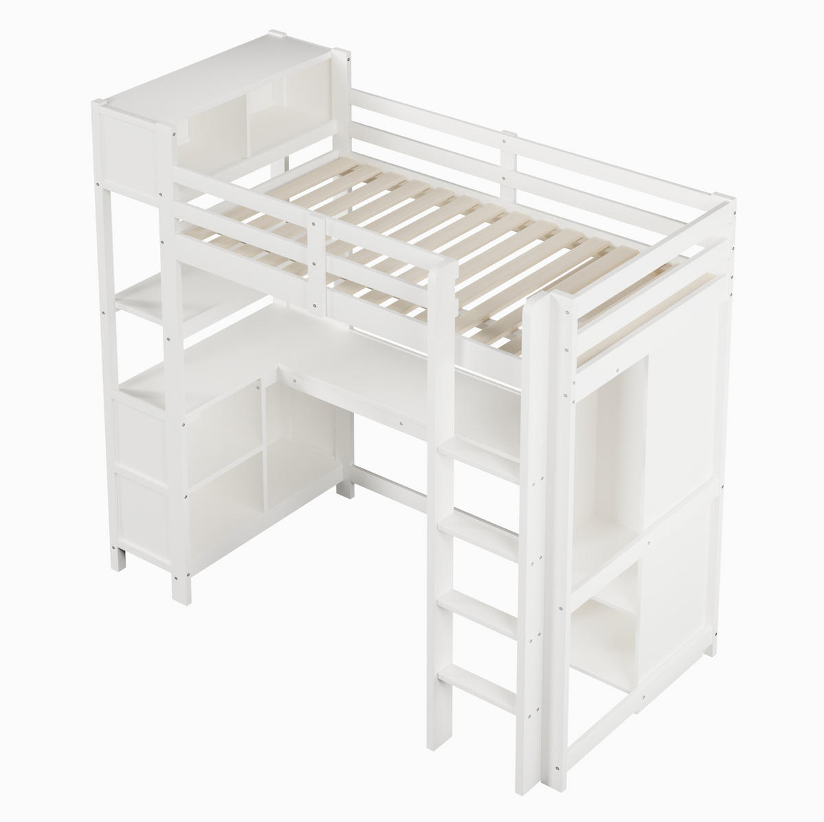 HOCHBETT 90/200 cm aus Kiefer und MDF mit Schreibtisch, Regalen und Kleiderschrank Weiß - Weiß, Holz (90/200cm) - Modenvie