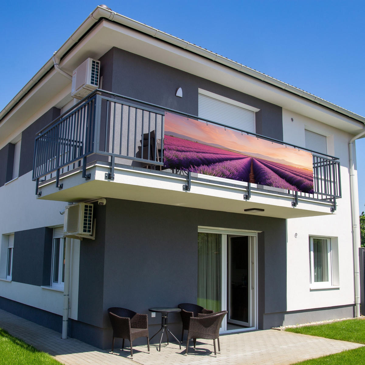 BALKON-SICHTSCHUTZ Lavendelfeld - Sonnenuntergang - Lila - Blumen - Violett, Kunststoff (300/95cm) - MuchoWow