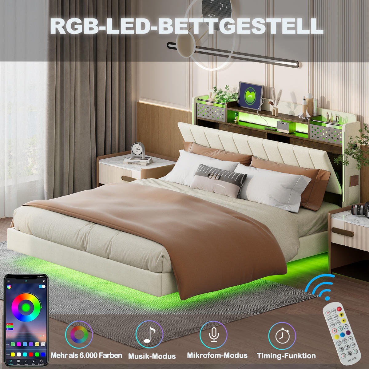 POLSTERBETT 160/200 cm in Beige Leinen mit LED, USB und Stauraum - Beige, Holzwerkstoff/Textil (160/200cm) - WISHDOR