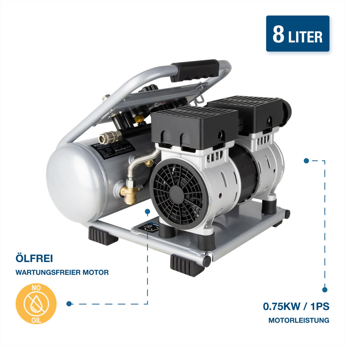 SILENT Kompressor SAC75008 (9 bar, 8L, tragbar, ÖLFREI, 49 dB, 750 W / 1 PS) - Silberfarben, Metall (41/41/35cm) - HYUNDAI