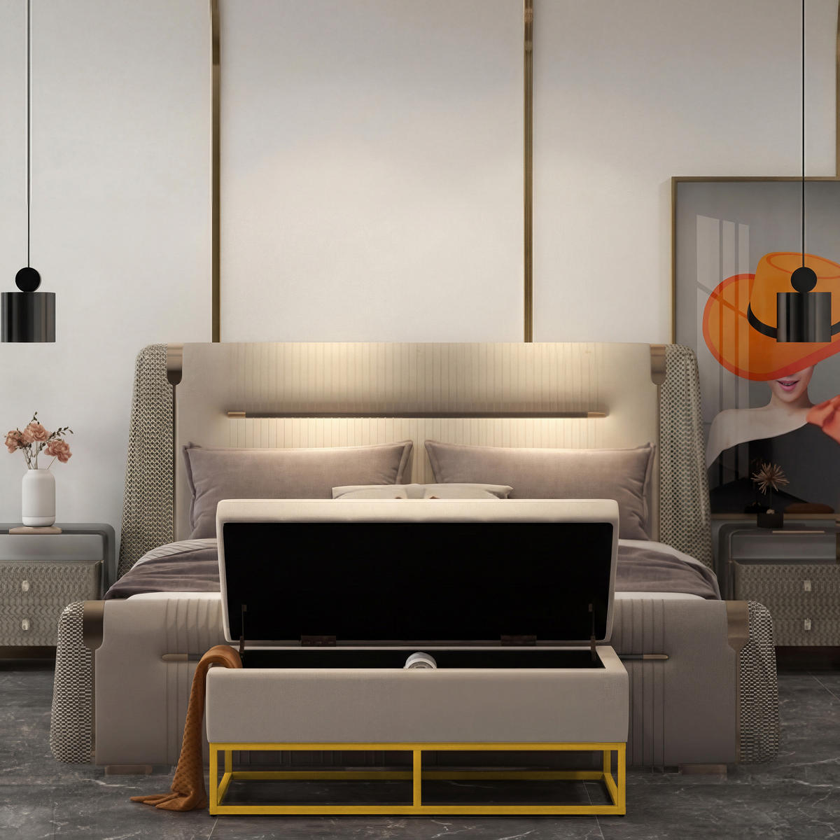 TRUHENBANKDE-07210 mit Knopfheftung und Flanelloptik Goldbeine - Beige, Metall (44/49/110cm) - ComfortXL