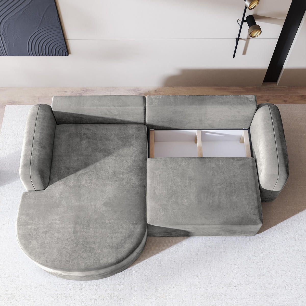 ECKSOFA AMILIA M L-S Hellgrau Velours-Stoff mit Schlaffunktion - Hellgrau, Holz (263/174cm) - MASSENO