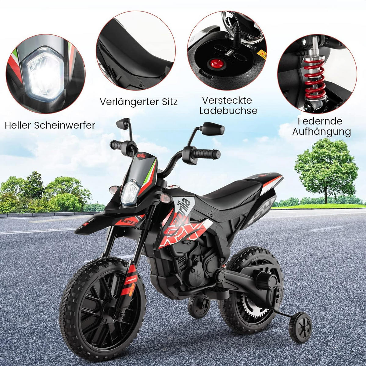 DETSKÁ MOTOCYKEL 12V elektrická červená - červená, plast (106.5/56/80cm) - COSTWAY
