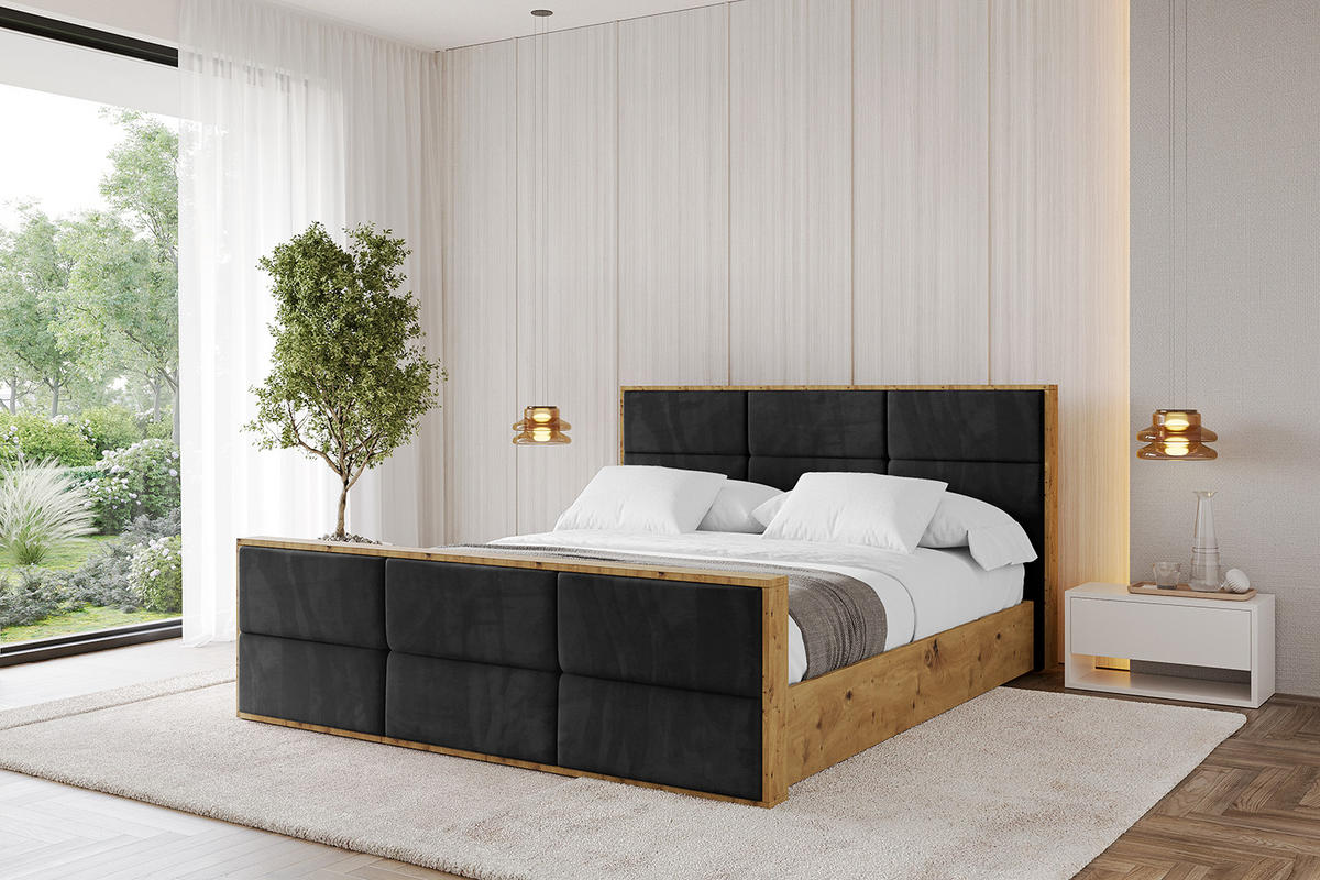 POLSTERBETT mit Bettkasten, Fußteil und Lattenrost, Boxbett mit Matratze H3/H4 - ENZO1-Z 180x200 Schwarz - Schwarz, Holzwerkstoff/Textil (180/200cm) - ALTDECOR
